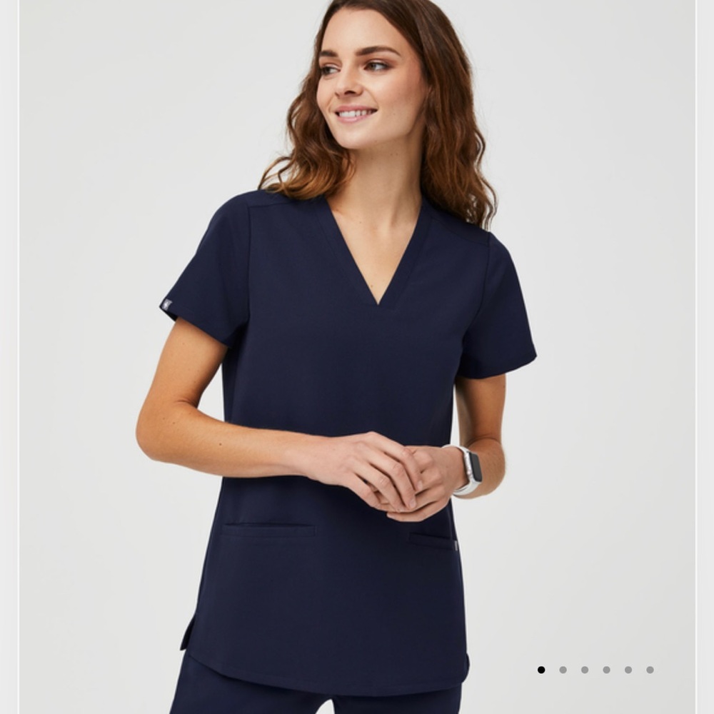 FIGS: Navy, three pocket scrub top. Size XS